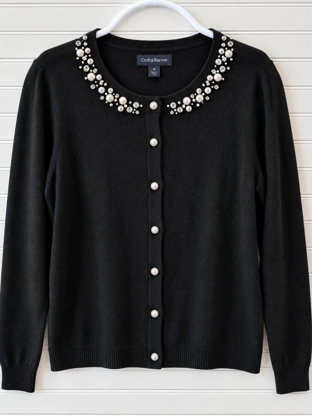 croft & barrow Black Pearl-Trimmed Crewneck Cardigan